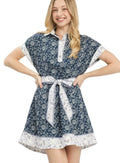 Umgee Mini Dress Border Print Navy Belted Shirt Dress Women’s Cotton Button-Front - Styleinger