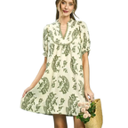 Umgee Mini Dress Casual Floral Paisley Mix Print V-neck Lace Trim with Pockets