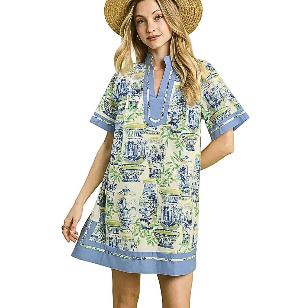Umgee Mini Dress Cotton Blue Floral Vase Mix Abstract Print V-Neck Short Sleeve