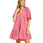 Umgee Mini Dress Cotton V-Neck Lace Trim Ruffle Blush Pink Babydoll Summer