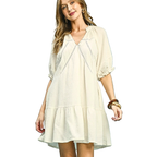 Umgee Mini Dress Cream Cotton Gauze V-Neck Buttoned Lace Detail Short Sleeves S‑XL
