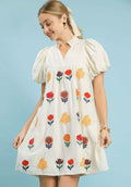 Umgee Mini Dress Cream Floral Embroidered Puff Short Sleeve CREAM Umgee_Mini_Dress_Cream_Floral_Embroidered_Puff_Short_Sleeve Trendsi