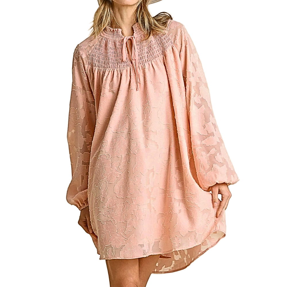 Umgee Mini Dress Jacquard Floral Lace Smocked Tie Neck Long Sleeve Blush Pink