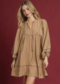 Umgee Mini Dress Latte Brown Boho Peasant Ruffled Long Sleeve with Trim Detail LATTE Umgee_Mini_Dress_Latte_Brown_Boho_Peasant_Ruffled_Long_Sleeve_with_Trim_Detail Trendsi