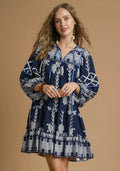 Umgee Mini Dress Navy Tribal Print with Tie Neck Long Sleeve NAVY Umgee_Mini_Dress_Navy_Tribal_Print_with_Tie_Neck_Long_Sleeve Trendsi