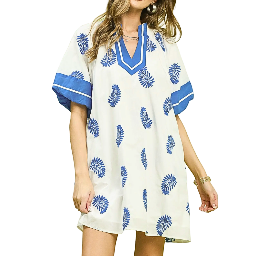 Umgee Mini Dress Paisley Embroidered V-Neck Stripe Trim Off White Boho Short Sleeve