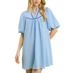 Umgee Mini Dress Sky Blue Seersucker V-Neck Ballon Short Sleeve Loose Ruffle