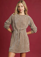 Umgee Mini Dress Velour Mocha Drawstring with Long Sleeves MOCHA Umgee_Mini_Dress_Velour_Mocha_Drawstring_with_Long_Sleeves Trendsi