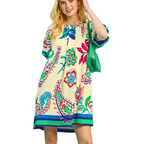 Umgee Minikleid Lebhaftes Paisley Bunter Print Rundhals Plissiert Kurze Ballonärmel