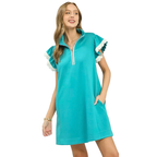 Umgee Mini Dress Zip-Neck Flutter Scallop Short Sleeve Ruffle with Pockets