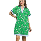 Umgee Mini Shift Dress Floral Green Mix Casual V-Neck Stripe Trim Short Sleeve