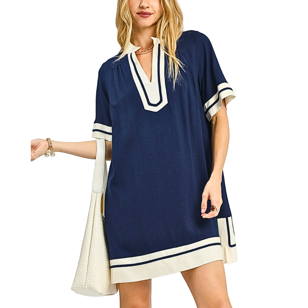 Umgee Mini Shift Dress Linen Blend Navy Blue V-Neck White Contrast Trim Short Sleeve