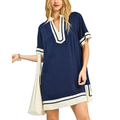 Umgee Mini Shift Dress Linen Blend Navy Blue V-Neck White Contrast Trim Short Sleeve
