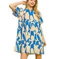 Umgee Mini Shift Dress V-Neck Abstract Print Blue Balloon Short Sleeve Oversized