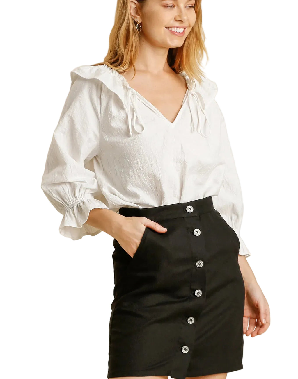 Umgee Mini Skirt A‑Line Linen Blend Black Button Down with Pockets High Waist - Styleinger