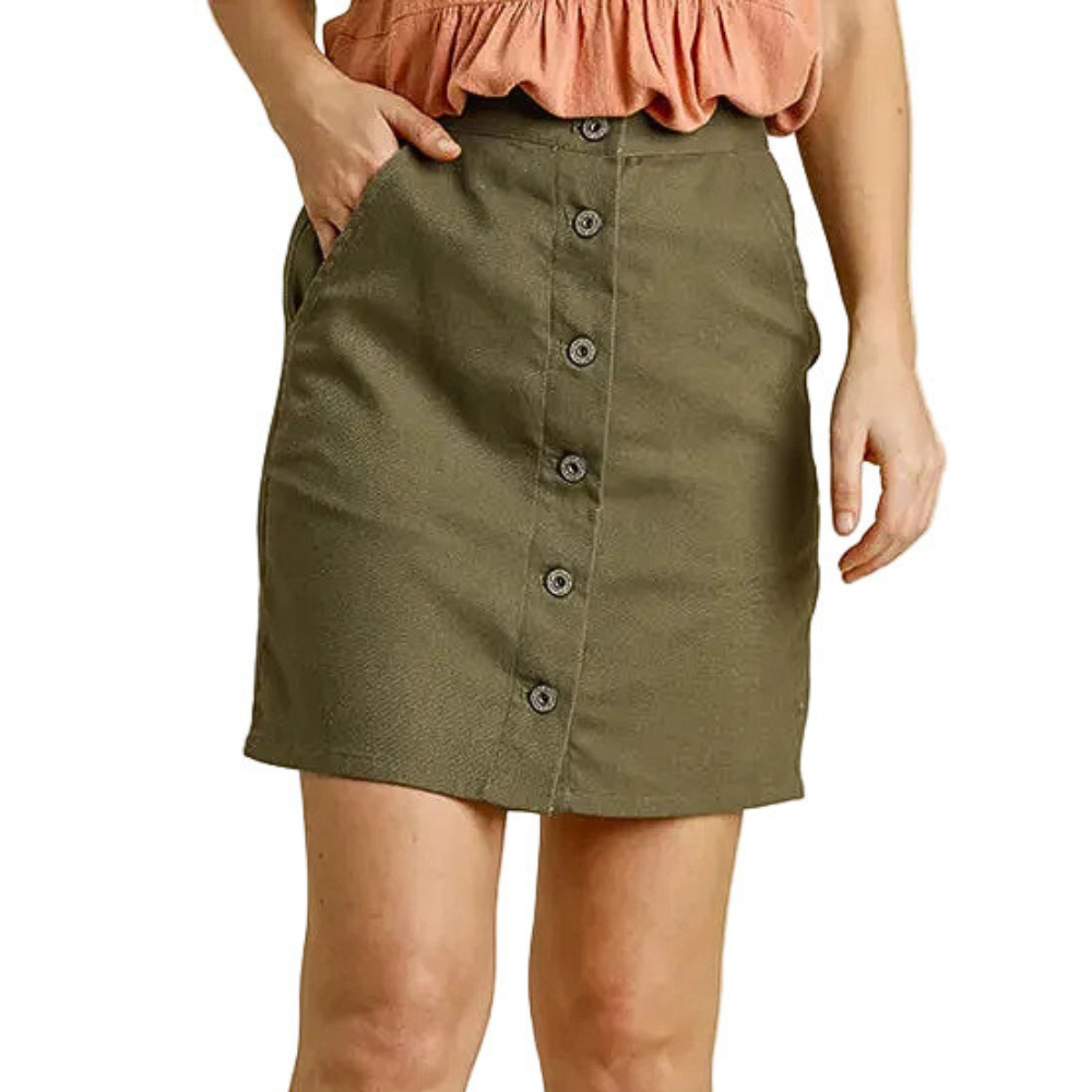 Umgee Mini Skirt Button Front Hight Waisted A-Line Olive Green Casual Pocketed