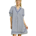 Umgee Mini Stripe Shift Dress V-Neck Collar Trim Blue A-Line Short Sleeve Casual