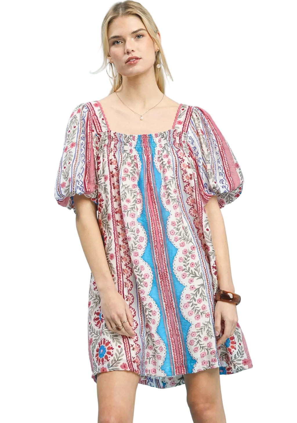 Umgee Mixed Print Puff Sleeve Mini Dress