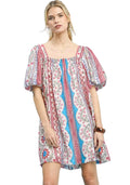 Umgee Mixed Print Puff Sleeve Mini Dress
