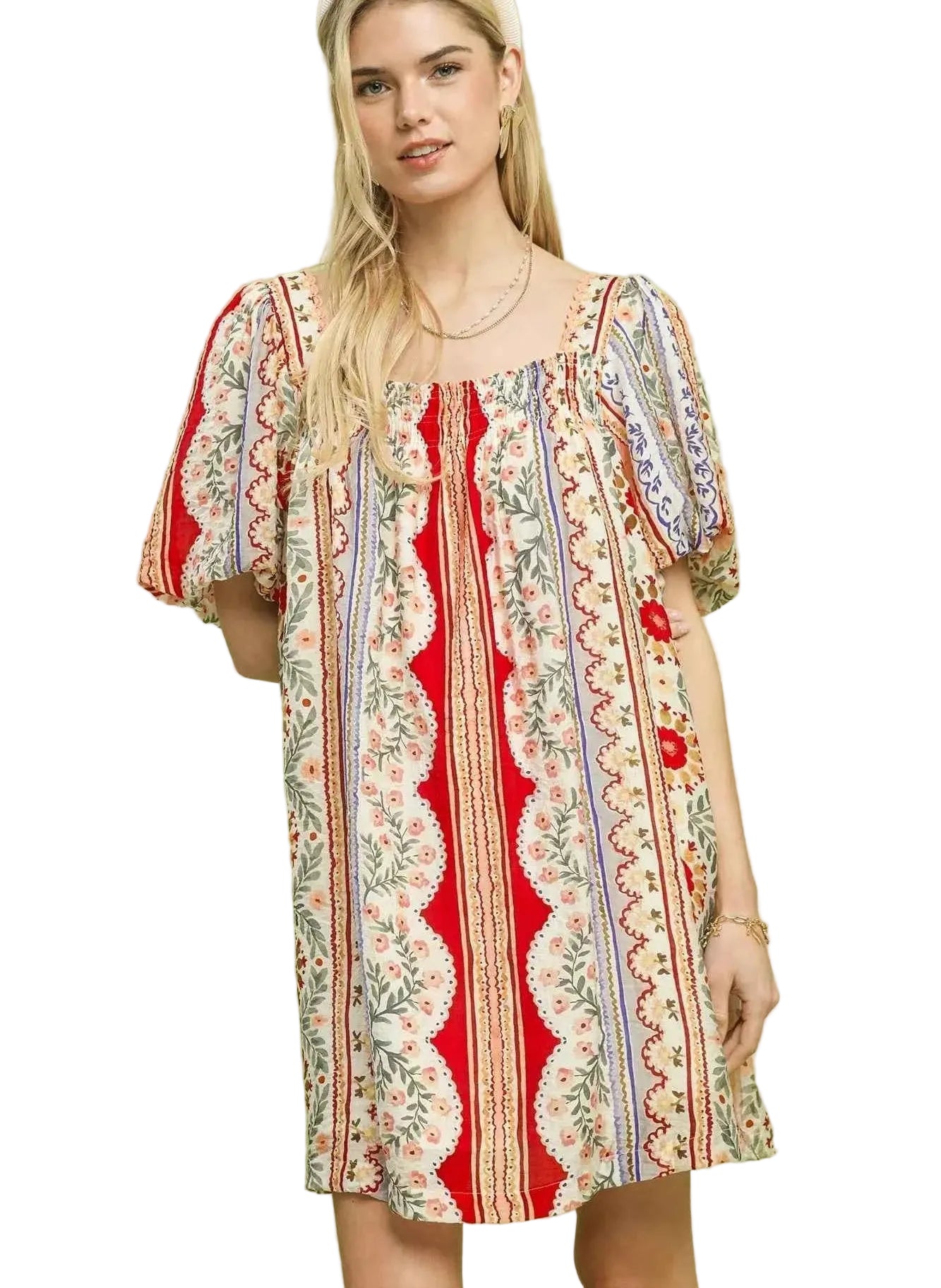 Umgee Mixed Print Puff Sleeve Mini Dress – Women’s Casual Boho Dress