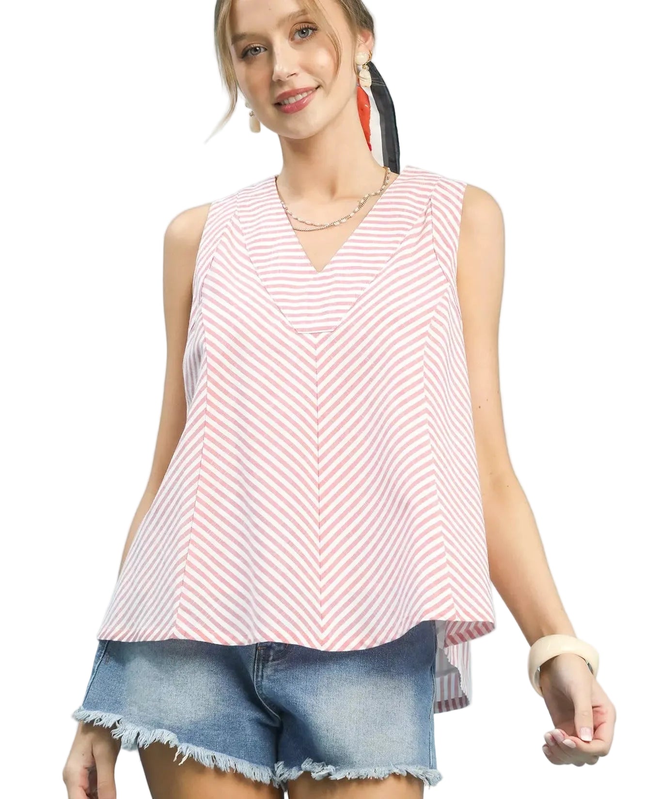 Umgee Mixed Stripe Tank Top Pink Sleeveless V‑Neck Women Casual Blouse - Styleinger