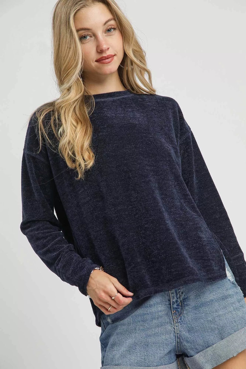 Umgee Navy Blouse Round Neck Long Sleeve Side Slit Top Navy Umgee_Navy_Blouse_Round_Neck_Long_Sleeve_Side_Slit_Top Trendsi