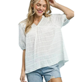 Umgee Off White Cotton Textured Casual Blouse V-Neck Lace Trim Puff Sleeve
