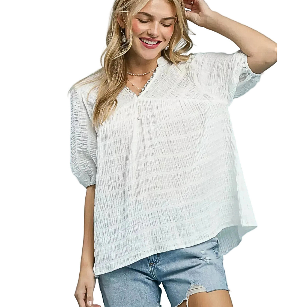 Umgee Off White Cotton Textured Casual Blouse V-Neck Lace Trim Puff Sleeve