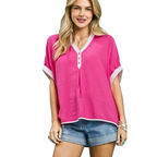Umgee Oversized Casual Top Pink V-Neck Stripe Trim Buttoned Blouse