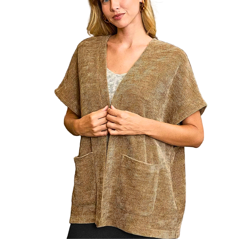 Umgee Oversized Knit Cardigan Open Short Dolman Sleeve Mocha Pocketed Sweater