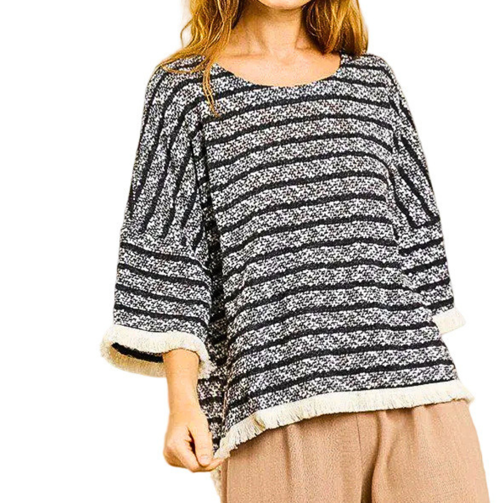 Umgee Oversized Knit Sweater Heathered Striped Knit Bell 3/4 Sleeve Raw Edged Top