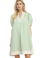 Umgee Pinstripe Shift V‑Neck Dress Sage with Contrast Trim Women Casual Pocketed - Styleinger