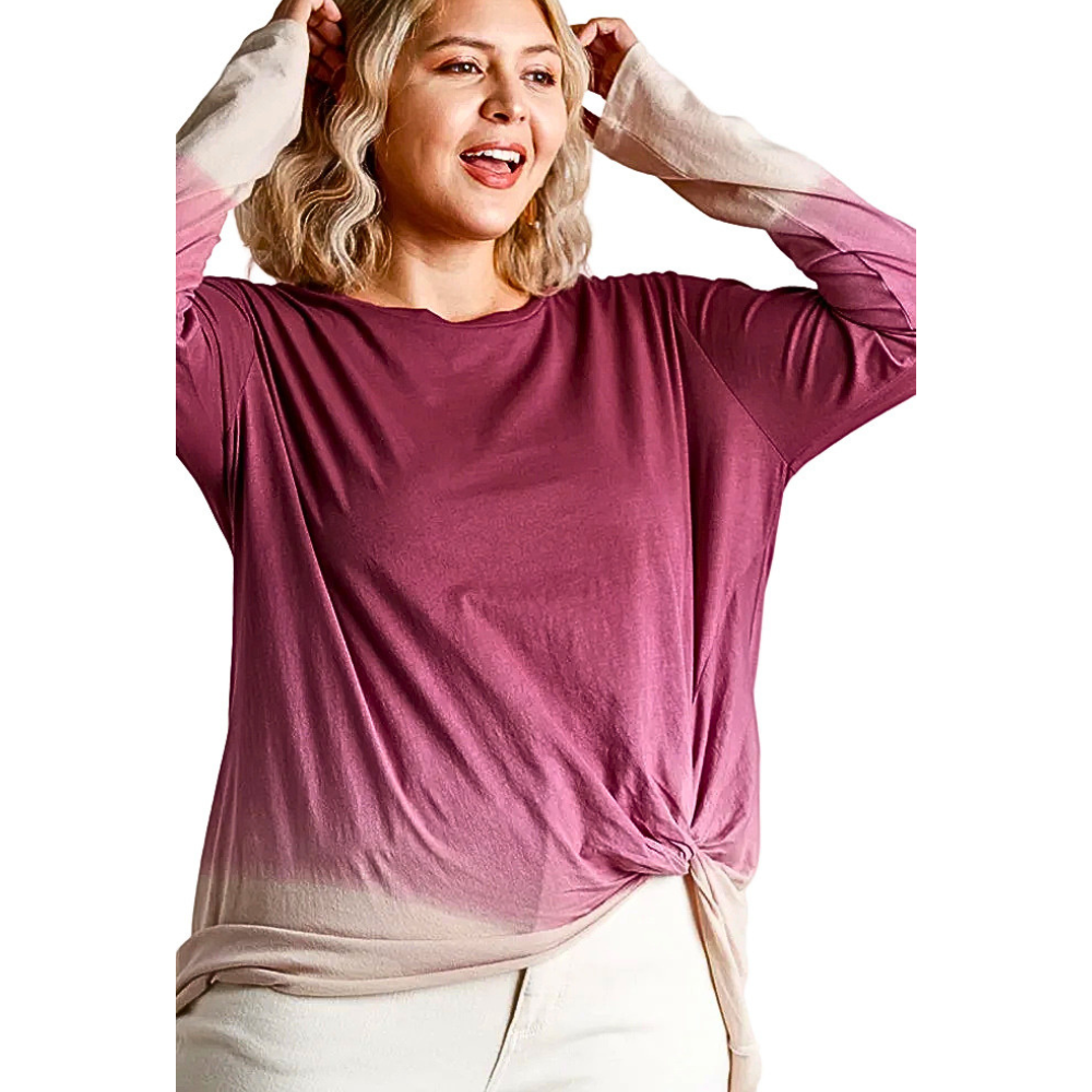 Umgee Plus Size Blouse Ombre Print Long Sleeve Top Gathered Front Detail Raw Hem