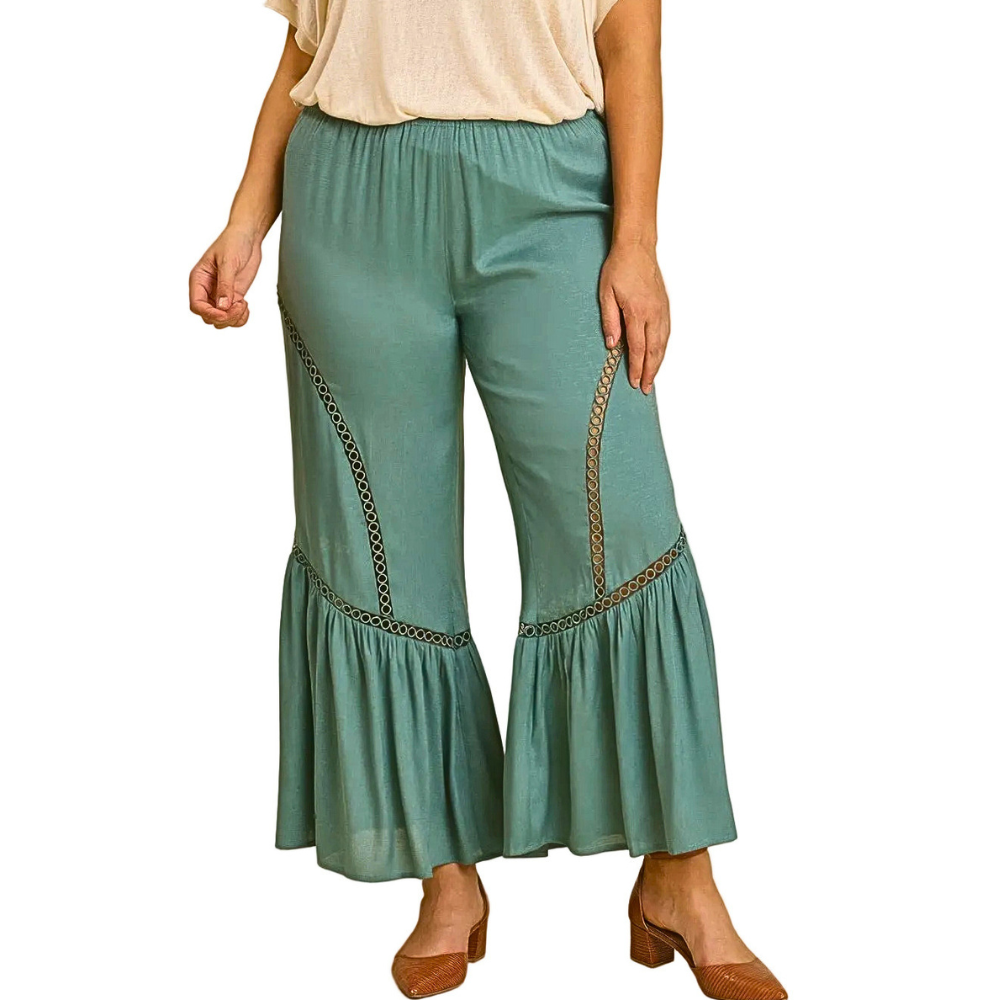 Umgee Plus Size Wide Leg Pants Elastic Waist with Lace Tape Detail Ruffle Hem Trousers