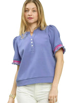 Umgee Puff Sleeve Button Front Top with Contrast Trim – Women’s Boho Summer Blouse