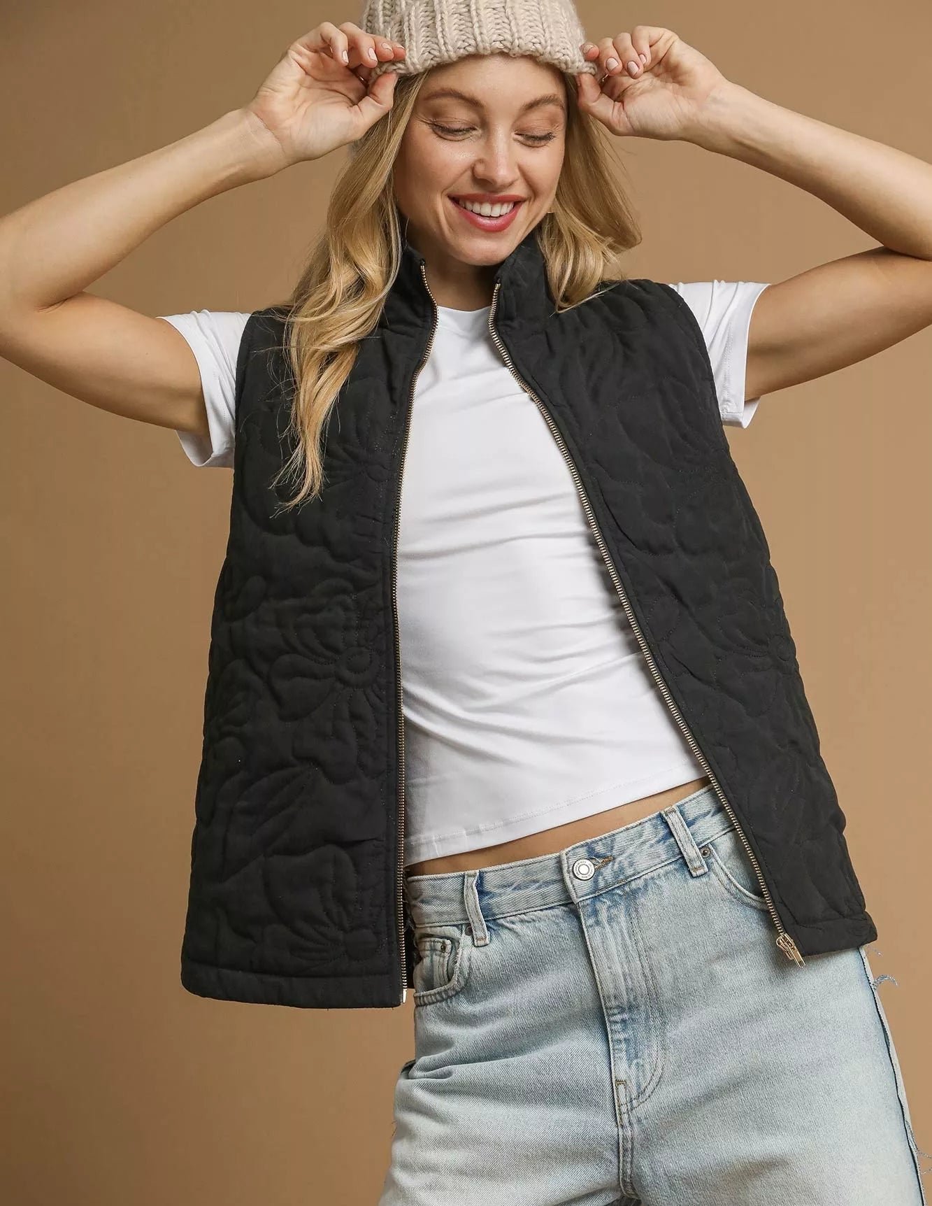 Umgee Quilted Vest Floral Zip Up with Pockets Black Umgee_Quilted_Vest_Floral_Zip_Up_with_Pockets Trendsi