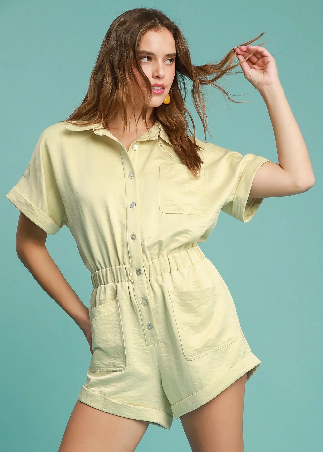 Umgee Romper Butter Color Charmeuse Buttoned Short Sleeve with Pockets BUTTER Umgee_Romper_Butter_Color_Charmeuse_Buttoned_Short_Sleeve_with_Pockets Trendsi