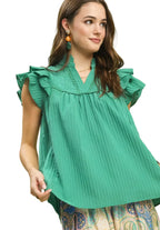 Umgee Ruffle Sleeve Textured Babydoll Blouse