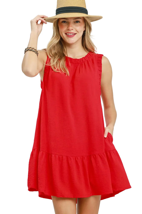 Umgee Ruffle Trim Drop Waist Sleeveless Mini Dress | Tomato Red | S–L | Styleinger