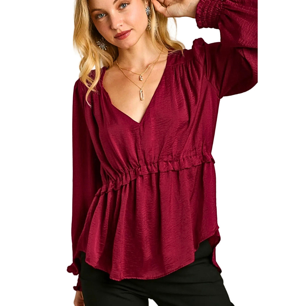 Umgee Satin Blouse V-Neck Ruffle Babydoll Top with Cuffed Long Sleeves