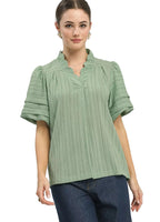 Umgee Seersucker Bubble Sleeve V-Neck Blouse Women’s Casual Textured Top S-L