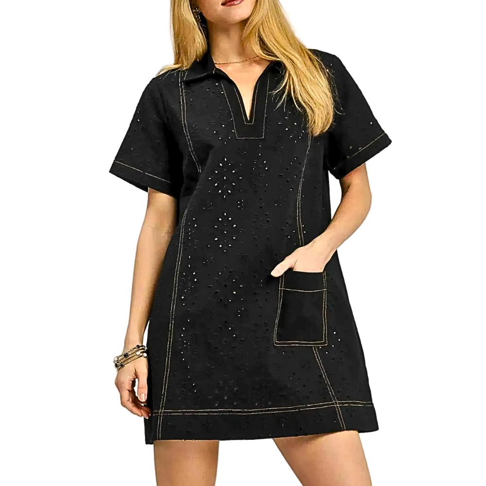 Umgee Shift Mini Dress Black Cotton Eyelet Cut Out V-Neck Collar Short Sleeve Pocketed