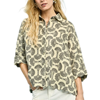 Umgee Shirt Schwarz Paisley-Print Knopfleiste 3/4 Rüschenärmel Freizeitbluse Top