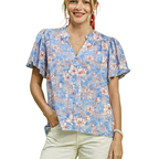 Umgee Shirt Blouse Blue Floral Button-Front Ruffle Short Sleeve Casual Top