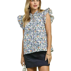 Umgee Shirt Blouse Blue Floral Print Ruffle Cap Sleeve Buttoned Frill Casual Top