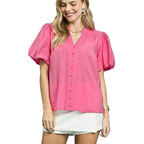 Umgee Hemdbluse Freizeit Bluse Knopfleiste Korallenrosa V-Ausschnitt Ballonärmel Oberteil