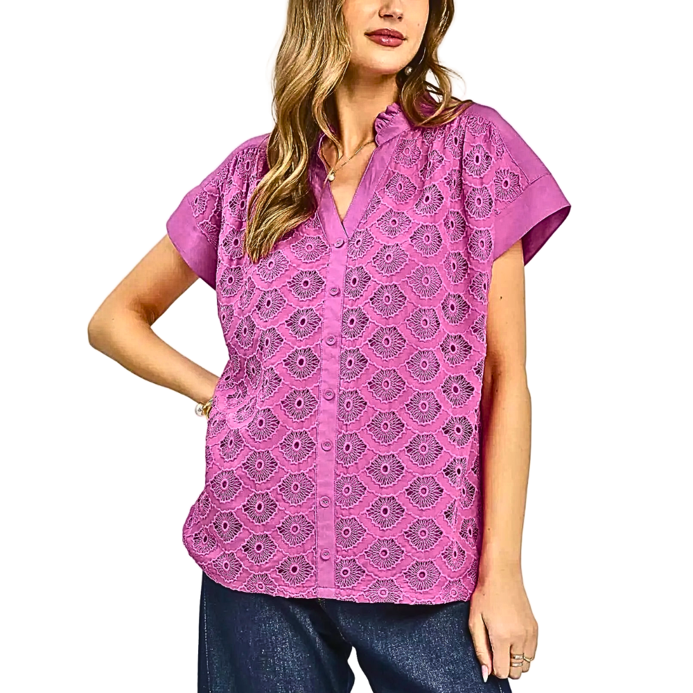 Umgee Shirt Blouse Chochet Lace Floral Embroidered Button-Front Short Sleeve Top