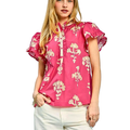 Umgee Shirt Blouse Coral Floral Split V-Neck Lace Trim Ruffle Short Sleeve Top