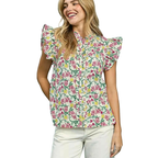 Umgee Shirt Blouse Cotton Casual Floral Pink Mix Ruffle Cap Sleeve Frill Top