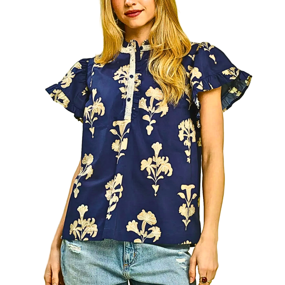 Umgee Shirt Blouse Navy Floral Split V-Neck Lace Trim Ruffle Short Sleeve Top